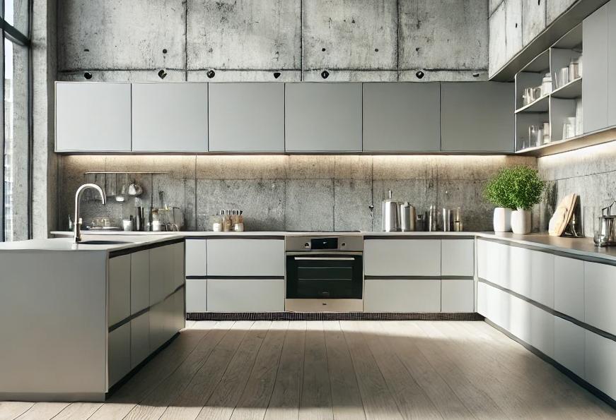 Concrete Effect Wall in Loft Style Kitchen